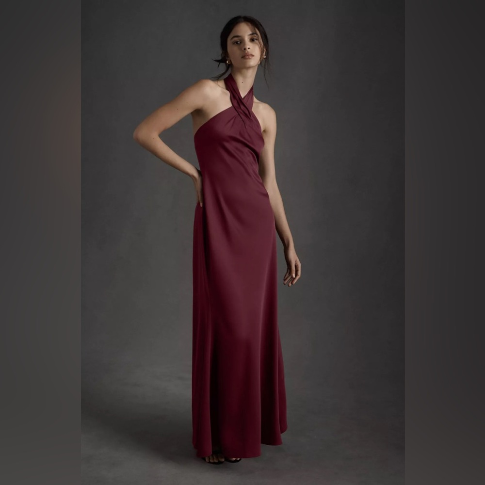 Bhldn Ruby Twist Halter Satin Gown- Dark Berry - image 1